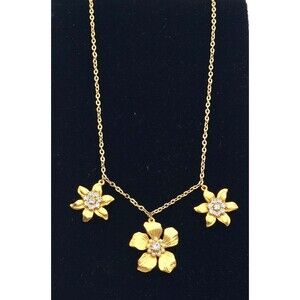 Vtg Jill Jacobson Gold Tone Rhinestone 3 Flower Necklace 16"
